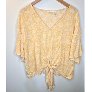 LUQ Yellow Floral Tie Front Top Cottagecore Boho V Neck Blouse Flutter Sleeve M
